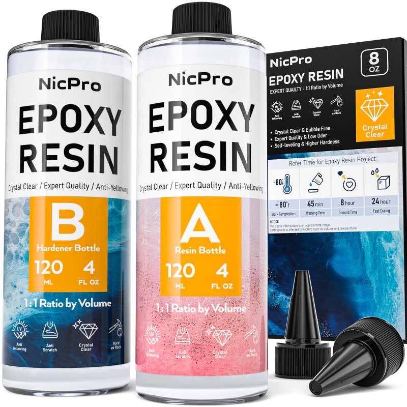 Nicpro 8 Ounce Crystal Clear Epoxy Resin Kit, Food Safe DIY Starter Epoxy Resin for Art Craft, Canvas Painting, Molds Pigment Jewelry Making, Resin Coating and Casting - Image 1